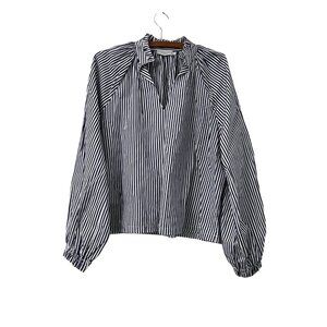 Harshman Los Angeles Womens Blue Striped Ruffle Collar Vneck Blouse Size Large